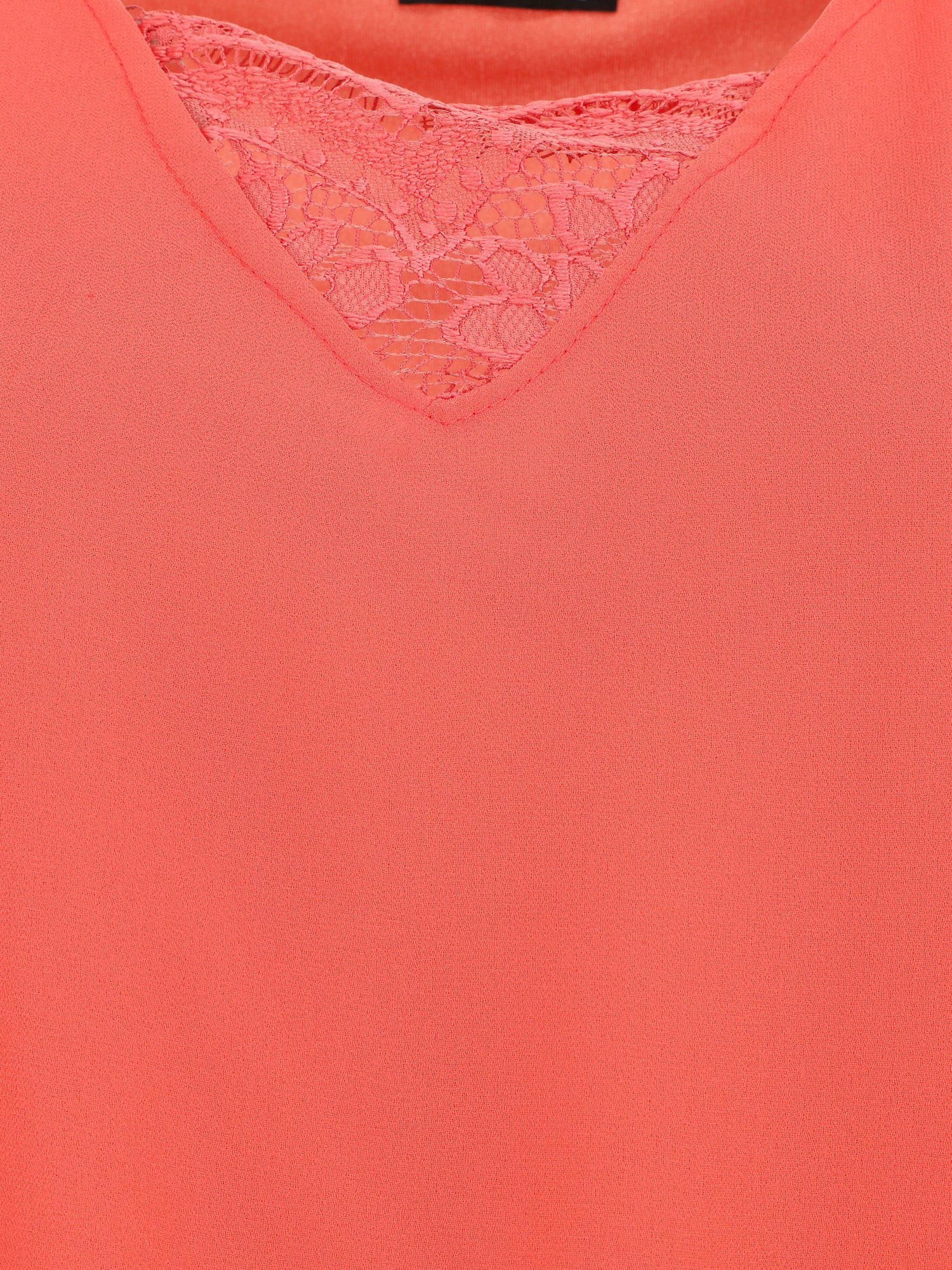 Top uni à mancherons col V et dentelle - Corail - 3