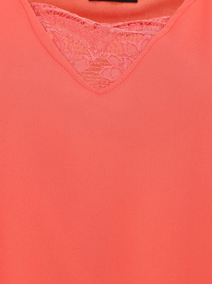 Top uni à mancherons col V et dentelle - Corail - 3