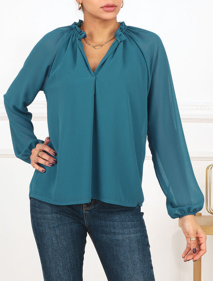 Blouse ample unie manches longues - Bleu canard - 4