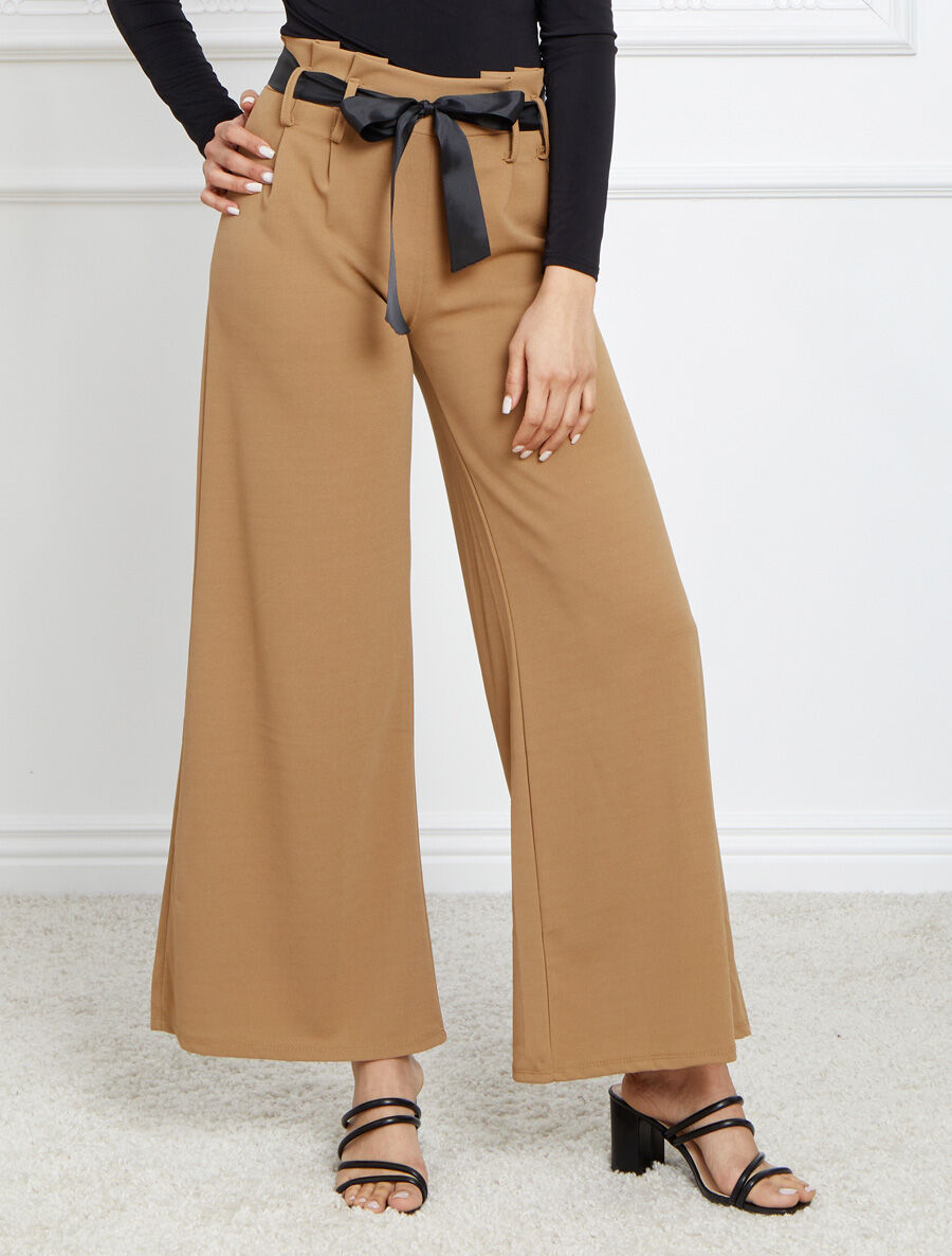 Pantalon ample à taille haute froncée - Camel - 4