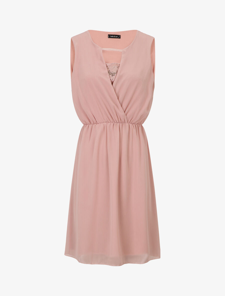 Robe mi-longue évasée sans manches col cache-coeur - Rose - 1