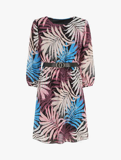 Robe manches 3/4 imprimé feuille fantaisie - Noir - 5