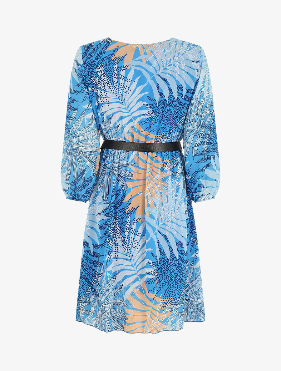 Robe manches 3/4 imprimé feuille fantaisie - Bleu - 2