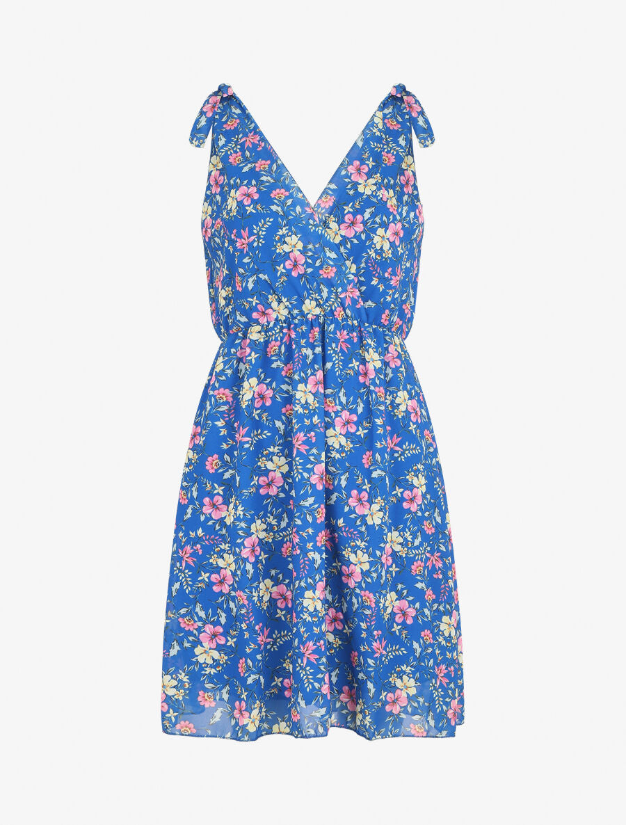 Robe courte fleurie sans manches col cache-coeur - Bleu - 1