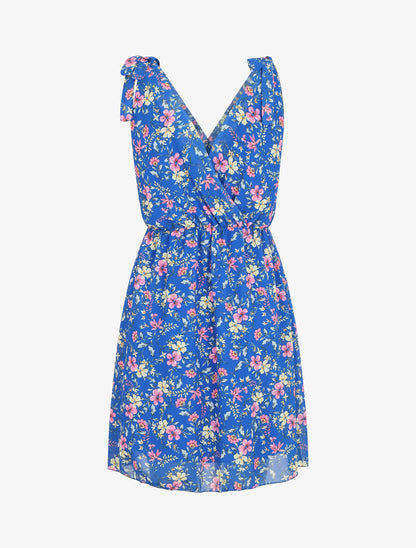Robe courte fleurie sans manches col cache-coeur - Bleu - 2