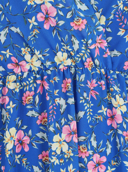Robe courte fleurie sans manches col cache-coeur - Bleu - 3