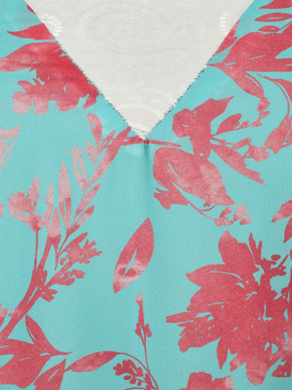 Caraco col dentelle imprimé végétal - Turquoise - 3