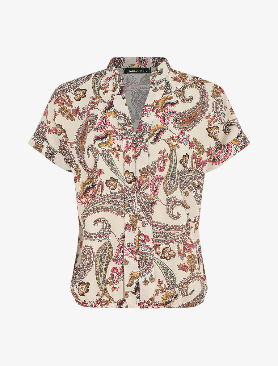 Top manches courtes col V imprimé cachemire - Beige - 5