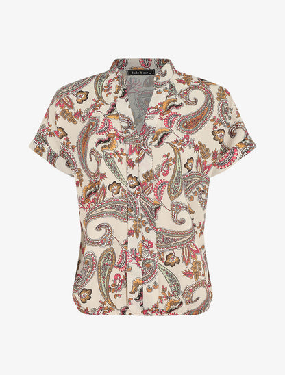 Top manches courtes col V imprimé cachemire - Beige - 5