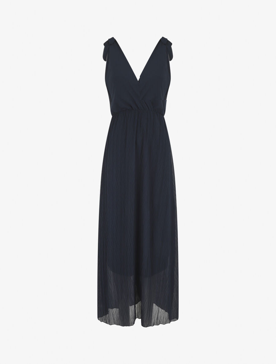 Robe longue unie plissée col cache-coeur - Marine - 1