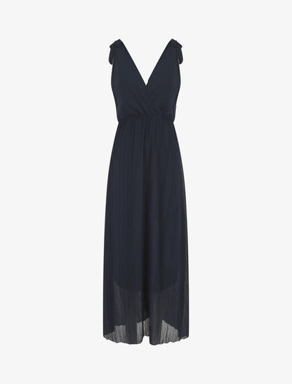 Robe longue unie plissée col cache-coeur - Marine - 1