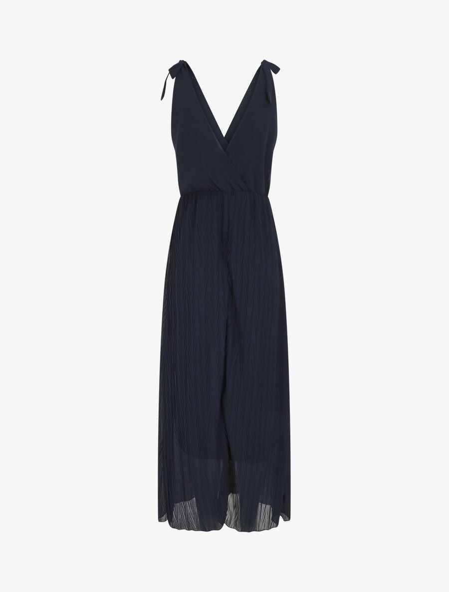 Robe longue unie plissée col cache-coeur - Marine - 2