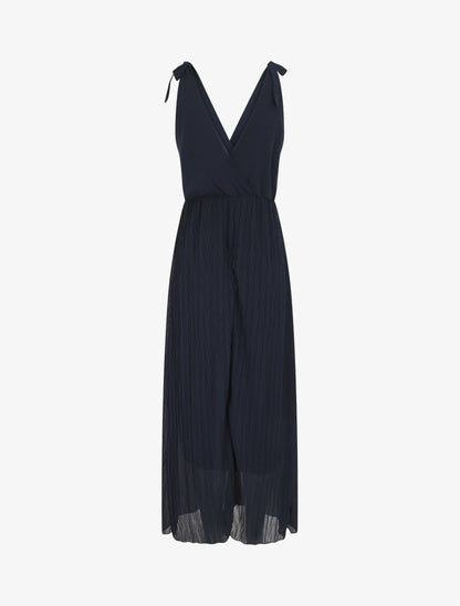 Robe longue unie plissée col cache-coeur - Marine - 2