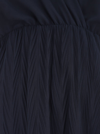 Robe longue unie plissée col cache-coeur - Marine - 3