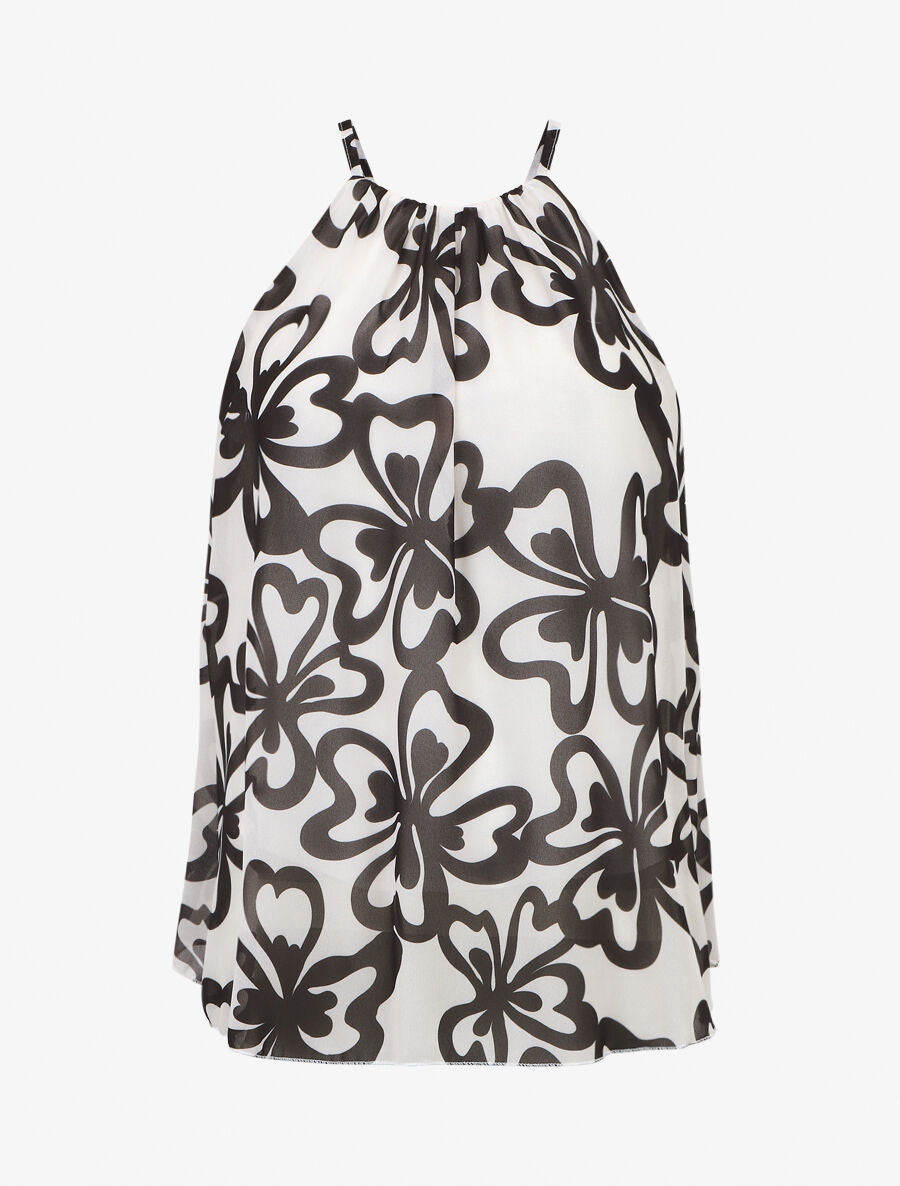 Top sans manches col américain imprimé grandes fleurs - Beige clair - 1