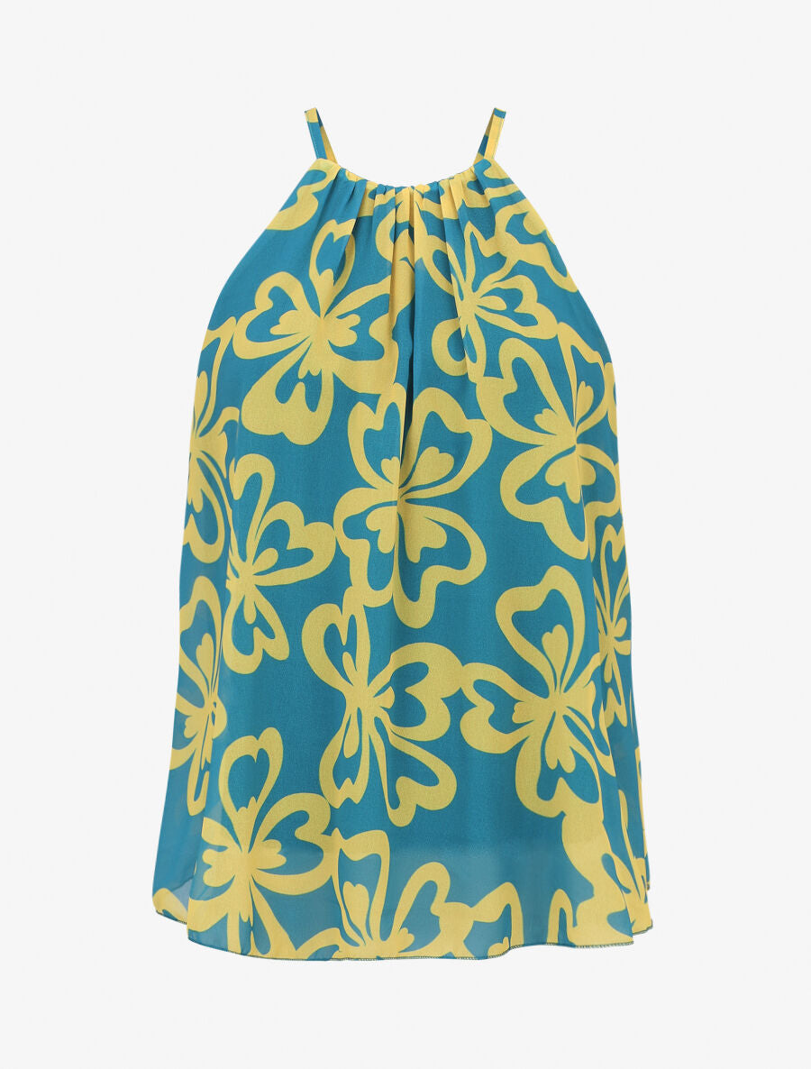 Top sans manches col américain imprimé grandes fleurs - Bleu turquoise - 1