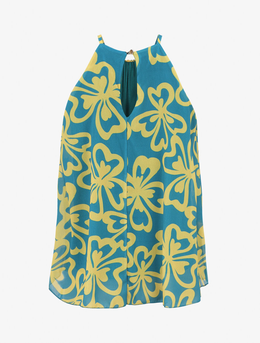 Top sans manches col américain imprimé grandes fleurs - Bleu turquoise - 2