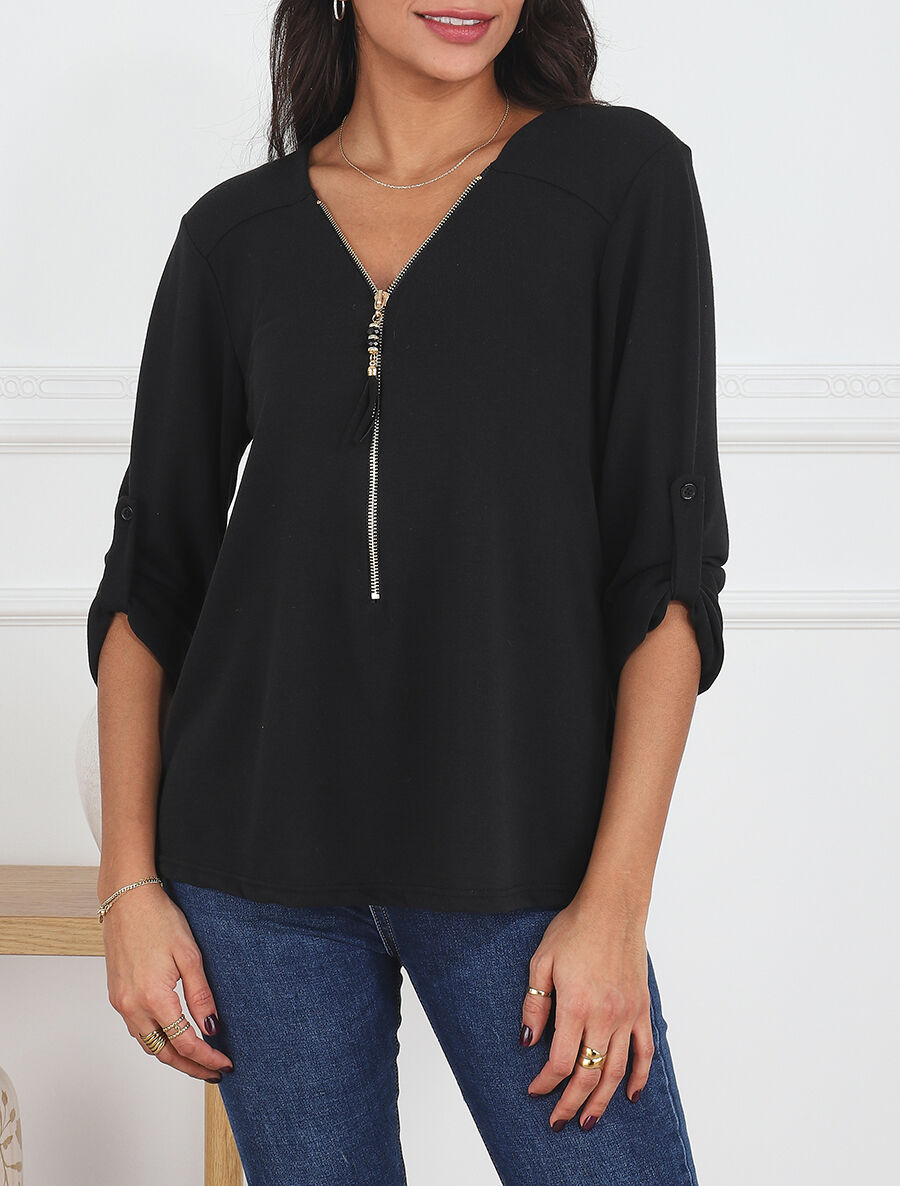 Pull fin à col V zippé - Noir - 4