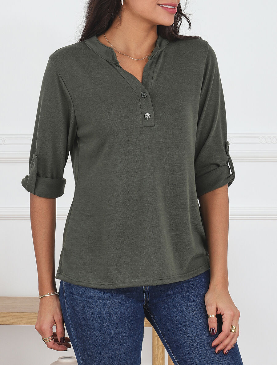 Pull uni fin à manches retroussables - Kaki - 4