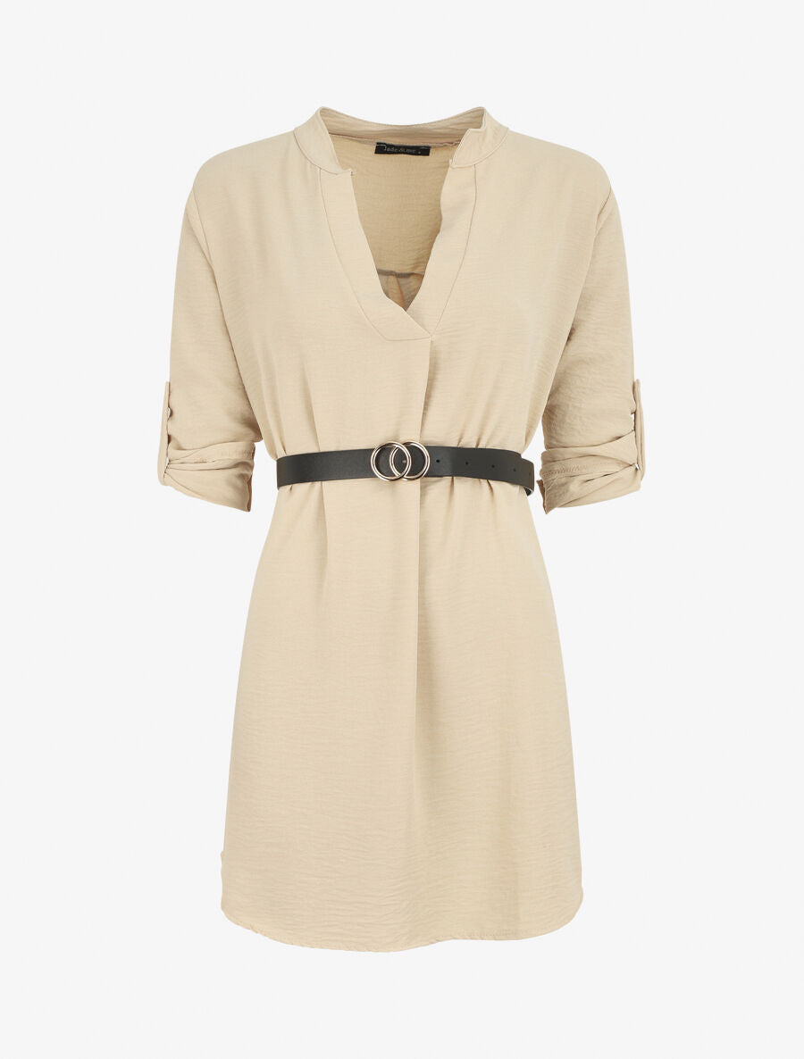 Robe droite à manches retroussables - Beige - 1