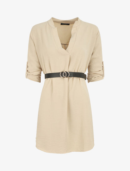 Robe droite à manches retroussables - Beige - 1