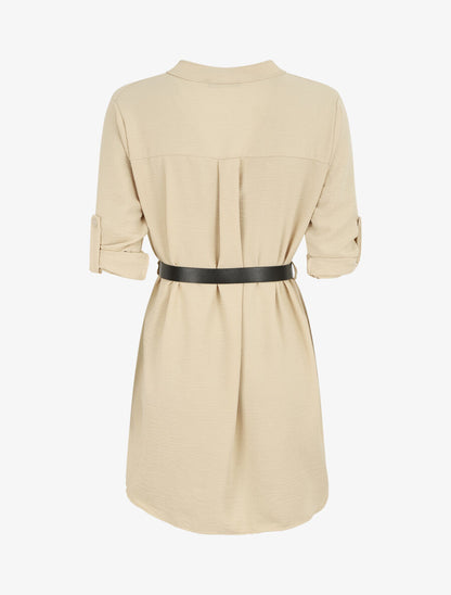 Robe droite à manches retroussables - Beige - 2