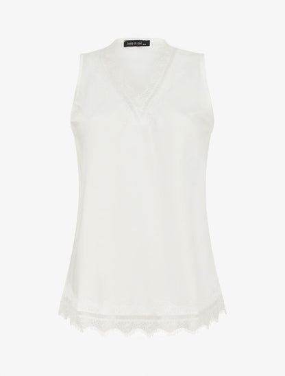 Top satiné uni et dentelle - Blanc - 1