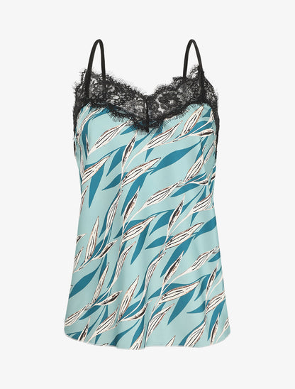 Caraco satiné imprimé feuilles et dentelle - Turquoise - 1