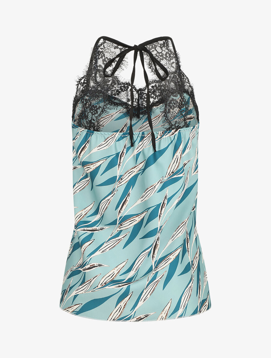 Caraco satiné imprimé feuilles et dentelle - Turquoise - 2
