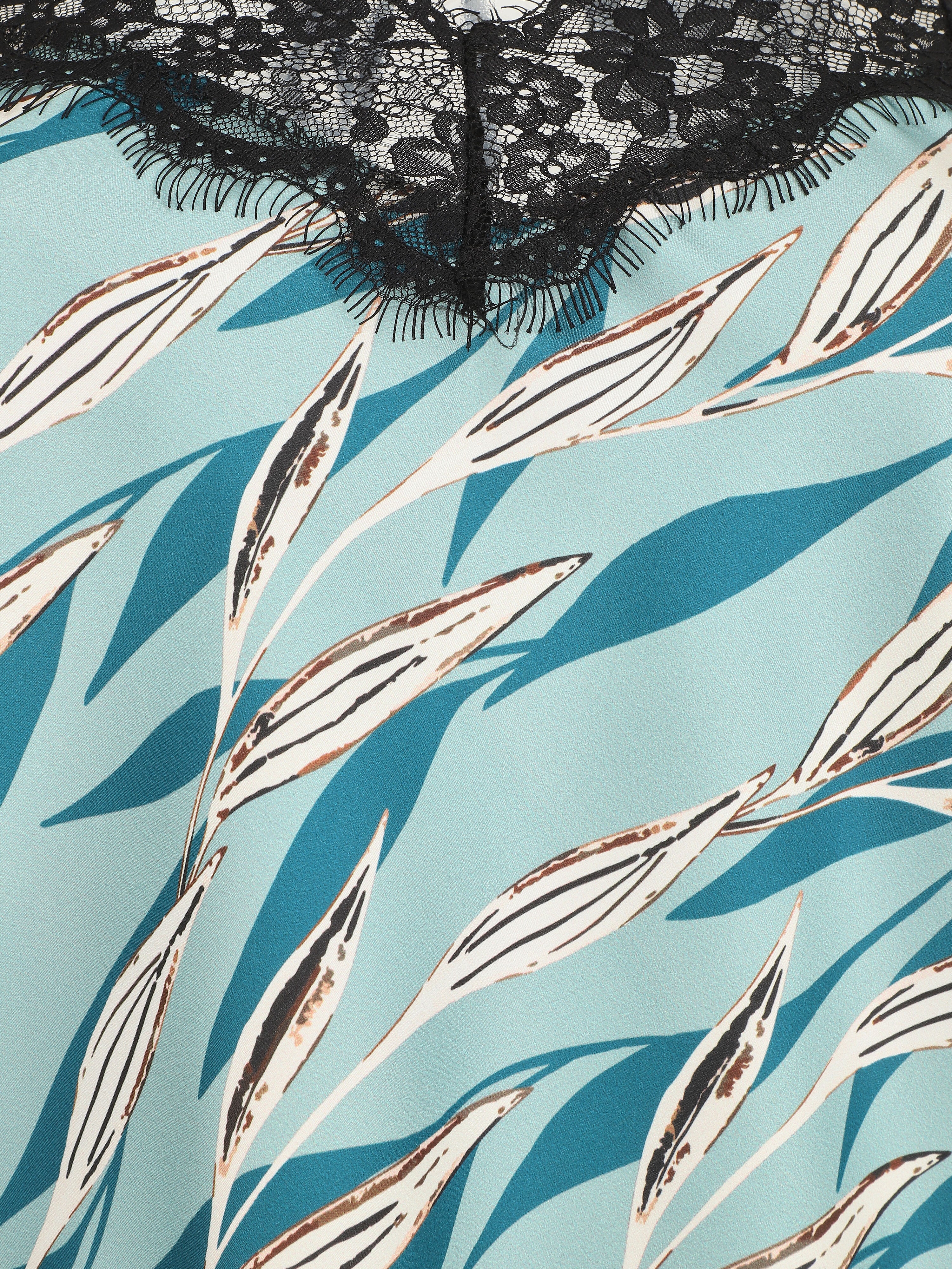 Caraco satiné imprimé feuilles et dentelle - Turquoise - 3