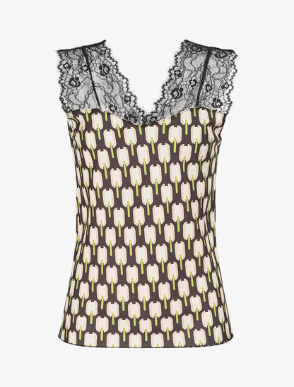 Top satiné à imprimé retro et dentelle - Noir - 1