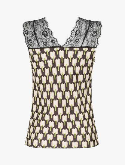 Top satiné à imprimé retro et dentelle - Noir - 2