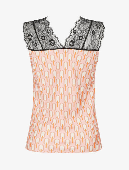 Top satiné à imprimé retro et dentelle - Rose - 2