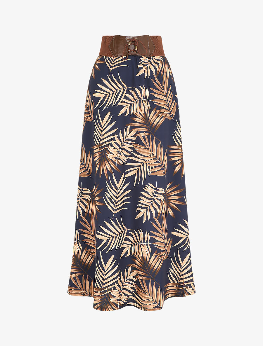 Jupe longue taille haute style corset imprimé tropical - Marine - 1