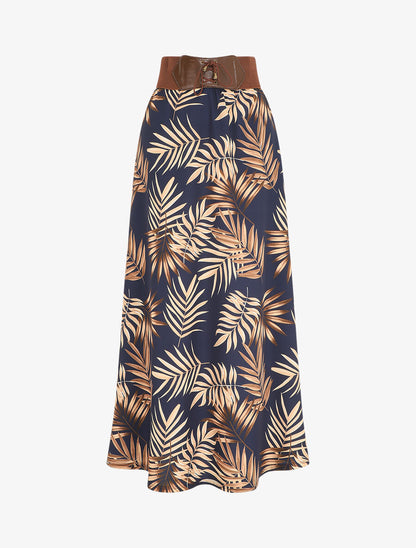 Jupe longue taille haute style corset imprimé tropical - Marine - 1