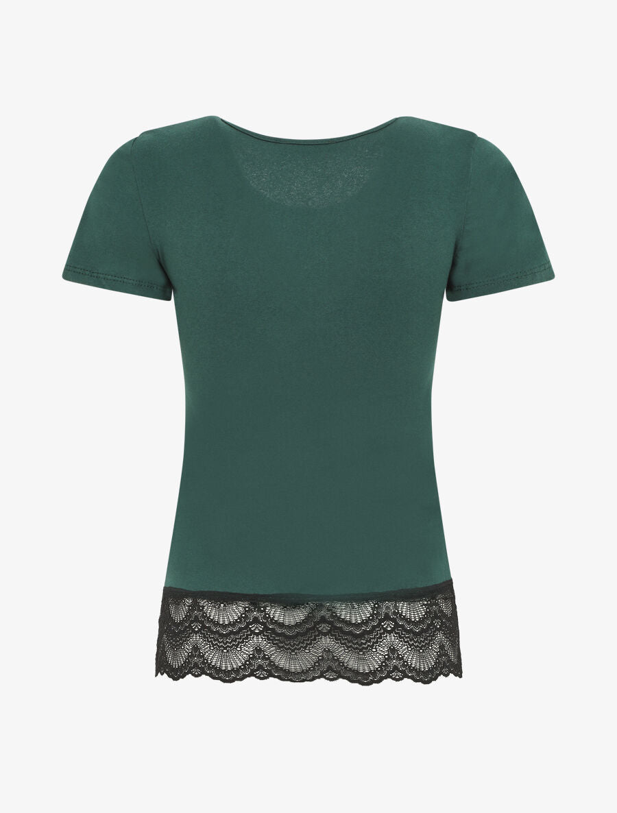 T-shirt uni et dentelle - Vert sapin - 2