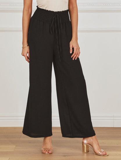 Pantalon uni ample taille haute élastiquée - Noir - 4