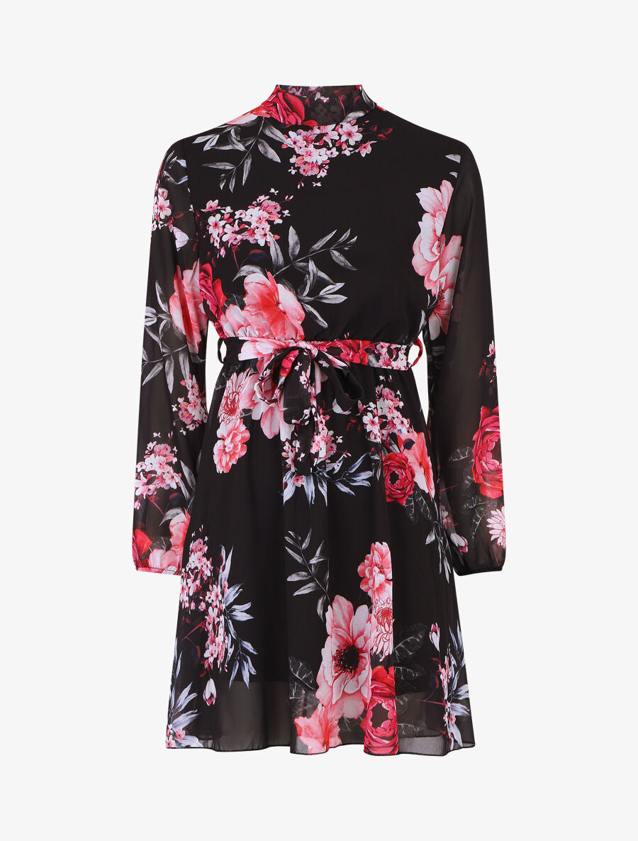 Robe imprimé floral manches longues col montant - Noir - 1