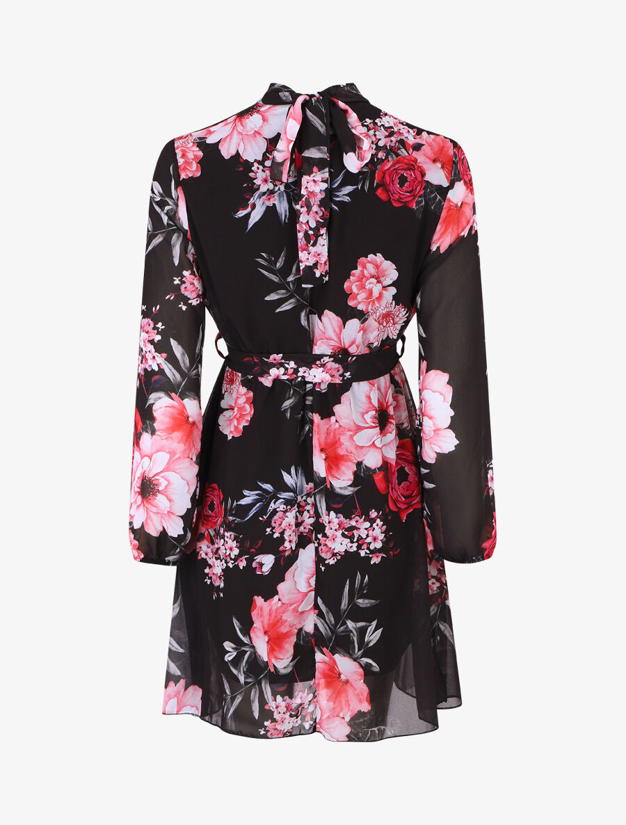Robe imprimé floral manches longues col montant - Noir - 2