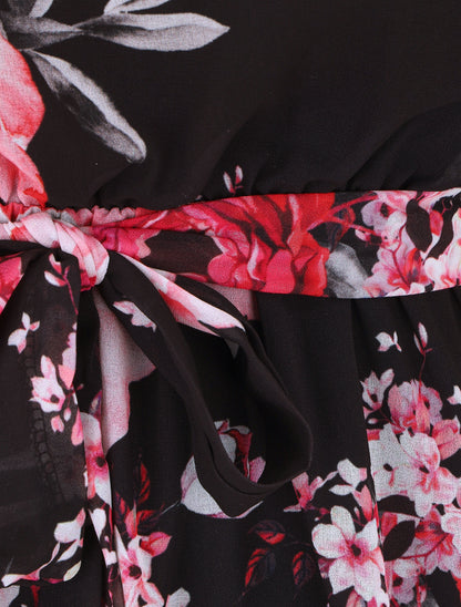 Robe imprimé floral manches longues col montant - Noir - 3