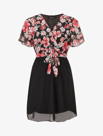 Robe courte imprimé floral col cache-coeur - Noir - 4