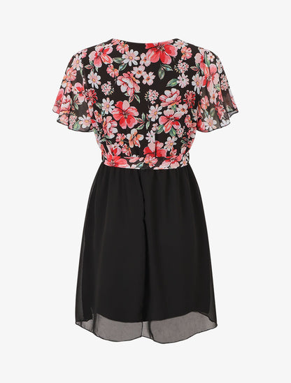 Robe courte imprimé floral col cache-coeur - Noir - 2