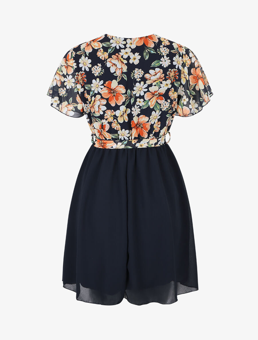 Robe courte imprimé floral col cache-coeur - Marine - 2