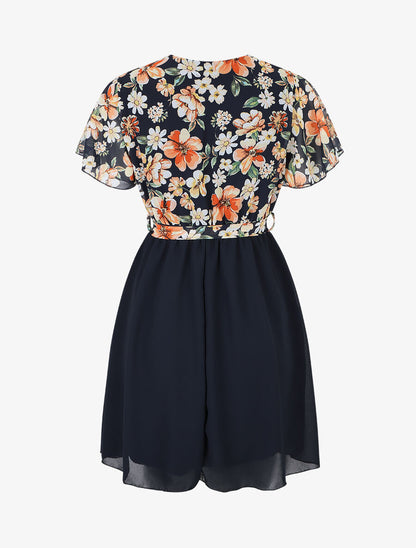 Robe courte imprimé floral col cache-coeur - Marine - 2