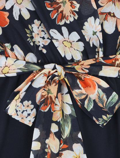 Robe courte imprimé floral col cache-coeur - Marine - 3