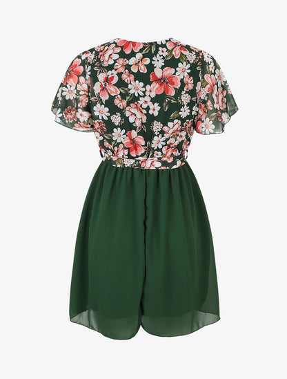 Robe courte imprimé floral col cache-coeur - Vert - 2