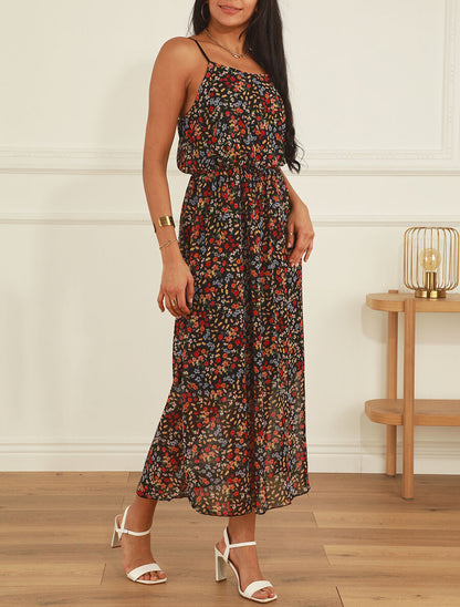 Robe longue fleurie à fines bretelles - Noir - 4