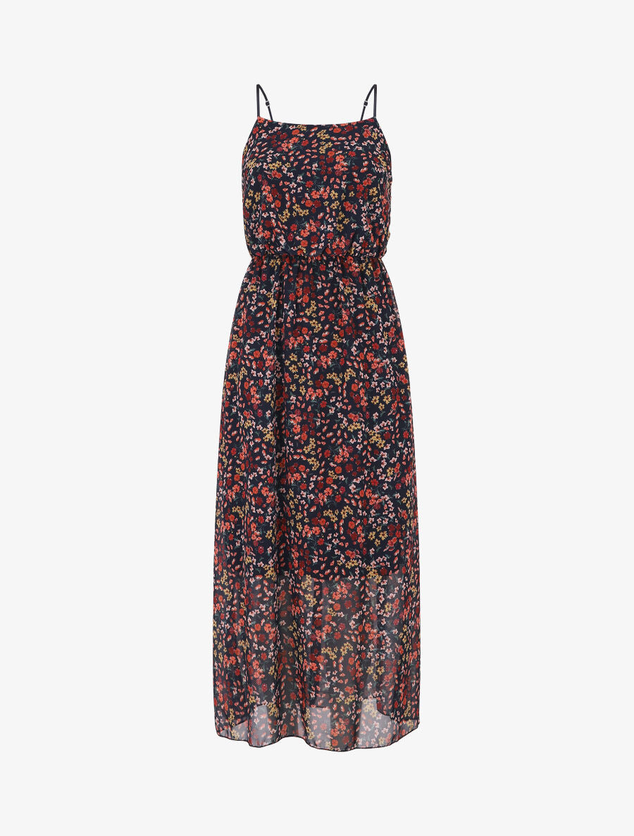 Robe longue fleurie à fines bretelles - Marine - 1