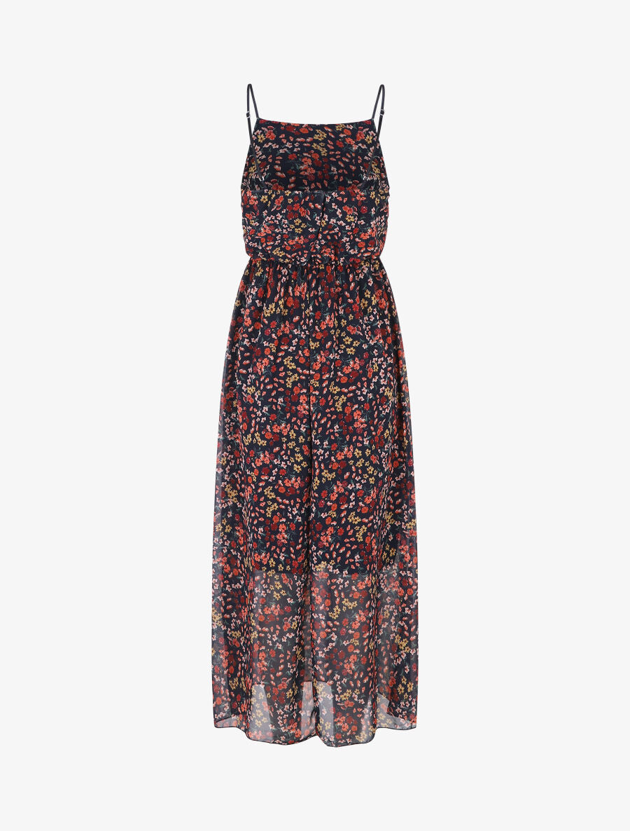 Robe longue fleurie à fines bretelles - Marine - 2