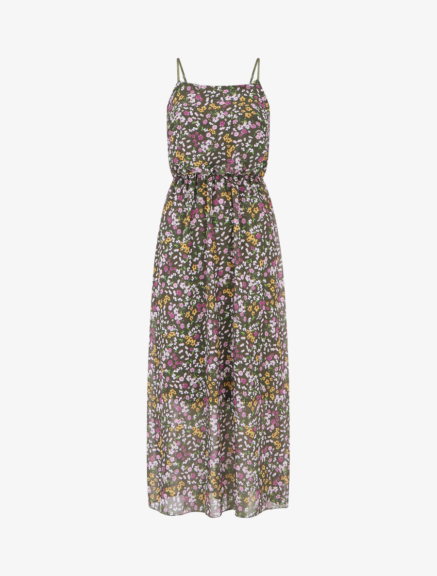 Robe longue fleurie à fines bretelles - Kaki - 1